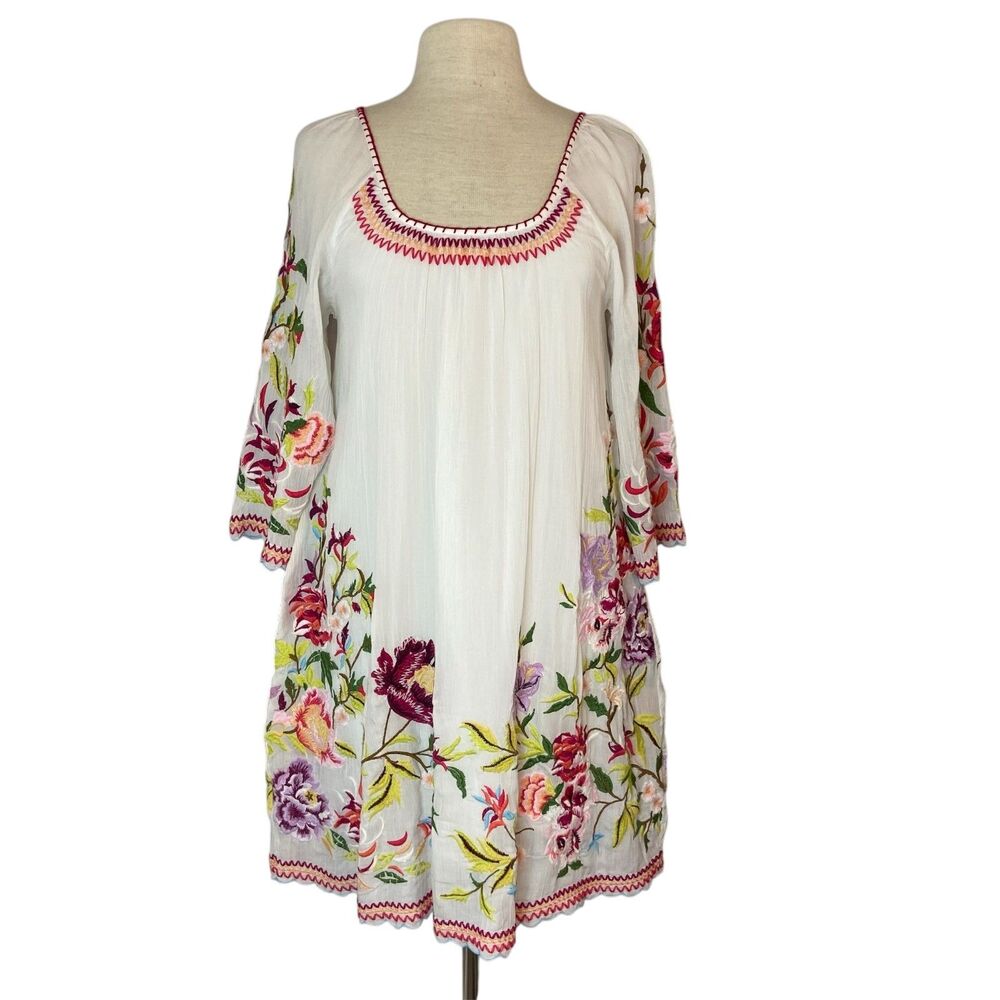 Sundance Keiko Blooms Embroidered Dress Women's Small White Floral Gauze‎ Boho